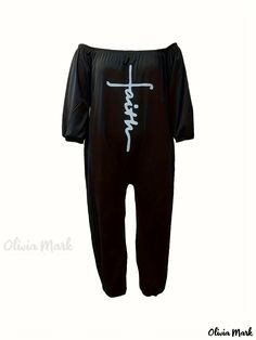 Olivia Mark - Plus Size Casual Jumpsuit, Women's Plus Letter Print Off Shoulder Bubble Sleeve Jumpsuit With Pockets Casual Bodysuit With Letter Print For Loungewear, Casual Letter Print Bodysuit For Loungewear, Casual Stretch Bodysuit With Letter Print, Casual Spring Bodysuit With Letter Print, Casual Letter Print Bodysuit For Spring, Spring Casual Bodysuit With Letter Print, Casual Letter Print Bodysuit, Spring Letter Print Casual Bodysuit, Jumpsuit With Pockets