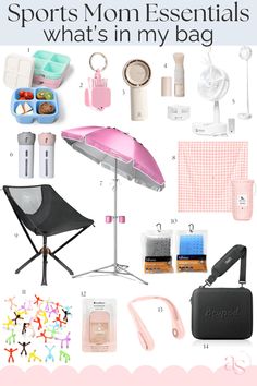 the contents of a mom's essentials bag including an umbrella and other items