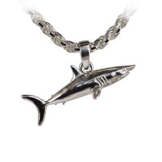 A finely detailed single-sided mako shark pendant displays a realistic and natural appearance. The mako shark is known for their speed, measuring 2.00” x 0.78” x 0.36” (chain not included) and is available in gold and silver of various grades. Made in the USA, Sea Shur Jewelry is meticulously crafted by a dedicated and detailed artist, who works with utmost accuracy to replicate sea life in high-quality metals. Gift boxed and protected in plastic within a cloth pouch All bails are solidly solder Ocean-inspired Silver Necklaces With Charms, Ocean-inspired Silver Round Pendant Jewelry, Ocean-inspired Sterling Silver Pendant Jewelry, Silver Ocean-inspired Pendant Jewelry, Ocean-inspired Silver Pendant Jewelry, Shark Pendant, Mako Shark, Cloth Pouch, Elegant Beauty