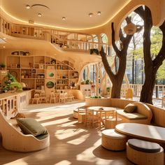 the interior of a modern living room with wooden furniture and large open space for seating