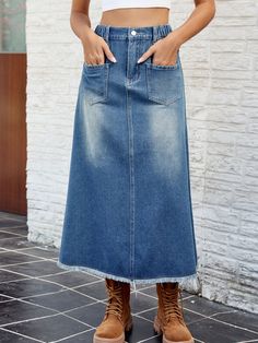 Retro Patch, Denim Button Skirt, Fishtail Skirt, Denim Skirt Women, Denim Patterns, Skirt With Pockets, Mid Length Skirts, Denim Midi Skirt, Jeans Rock