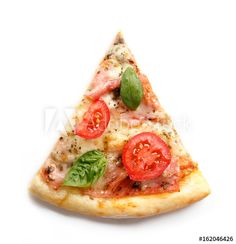 a slice of pizza with tomatoes and basil on it is shown in the shape of a triangle