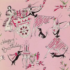 a pink birthday card with black and white cats on it, including an image of a woman riding in a horse drawn carriage