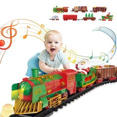 a baby is playing with a toy train and musical notes on the wall behind it