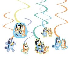 a group of cartoon cats hanging from a ceiling with streamers in the shape of dogs