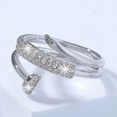 Silver Zircon Nail Ring Adjustable Size 7 Trendy Silver Crystal Wedding Ring, Trendy Silver Crystal Ring For Wedding, Trendy Adjustable Spiral Jewelry, Elegant Silver Spiral Bypass Ring, Elegant Spiral Metal Rings, Sterling Engagement Rings, Tri Color Ring, Heart Halo Ring, Aqua Ring