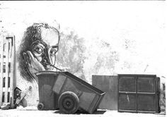 a black and white photo of a man's face next to a dumpster