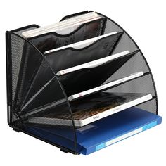 a magazine rack with magazines and folders on it's sides, in front of a white background