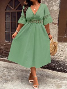 Plus Size Vacation Casual Solid Contrast Lace Dress Green Casual  Short Sleeve Woven Fabric Plain A Line Non-Stretch  Women Plus Clothing, size features are:Bust: ,Length: ,Sleeve Length: Grass Dance Outfits, Plus Size Vacation, Triangle Dress, Dance Outfit, Collared Greens, Patchwork Dress, Vestido Casual, Dance Outfits, Dress P