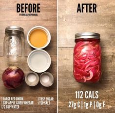 two pictures side by side showing how to make pickled onions in mason jars with ingredients labeled before and after