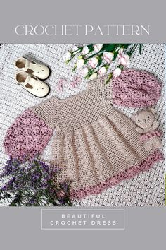 the crochet pattern for a baby dress and booties is shown with flowers