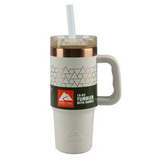 a white and gold travel mug with a straw in the cup, on a white background