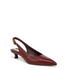 Sleek and sophisticated. This slingback silhouette is an instant closet staple. Faux leather or leather upper. Slip-on fit. Pointed toe. 1.78 inch heel. Sneaker Dress Shoes, Kitten Heel Pumps, Famous Footwear, Slingback Pump, Slingback Sandal, Franco Sarto, Kitten Heel, Gold Leather, Dress With Sneakers