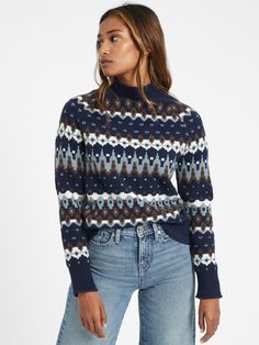 Fair Isle Mock-Neck Sweater | Banana Republic Fair Isle Sweater Outfit, Preppy Winter Outfits, Winter Shopping, Grandpa Sweater, Sweater Outfit, Winter Layering, Boho Fall, Fair Isle Sweater, Favorite Sweater