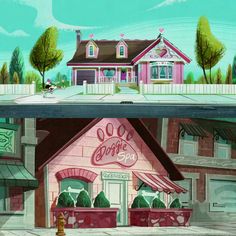 an animated image of the outside of a pink house and its front door is open