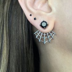 Edgy Front and back Spider web earring are made of 316L Stainless steel. Stud is set with black CZ. Can be worn without back part, just as simple stud. Size of the stud 7.1mm Spider web length 22m x25mm wide Sold as 1 pair Ships in a gift box Spider Web Jacket, Spider Web Jewelry, Spider Web Earrings, Unique Web Design, Web Spider, Spider Jewelry, Customer Gifts, Spider Earrings, Front Back Earrings