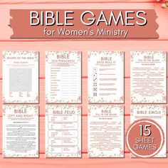 the bible games for women's ministry is shown on a pink background with flowers