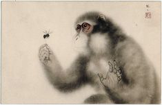 a drawing of a monkey holding a flower in it's right hand and looking at the camera