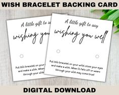 two greeting cards with the words, wish bracelet backing card and an image of a plant