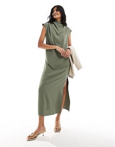 ASOS DESIGN high neck column maxi dress in green | ASOS Spring High Neck Maxi Dress With Side Slits, Chic Green Maxi Dress With Side Slits, Green Sleeveless Maxi Dress For Work, Chic High Neck Maxi Dress With Side Slits, Formal Dresses Graduation, Cocktail Dress Formal, Winter Party Dress, High Neck Sleeveless, Long Sleeve Floral Dress