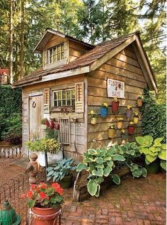 a small wooden shed with potted plants on the front and side walls, along with other garden items