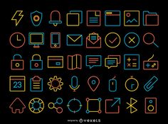 a set of neon colored icons on a black background, including symbols and numbers in different colors