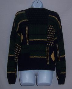 "Vintage Herman Geist navy blue, hunter or pine green and yellow patchwork pattern cotton cardigan sweater. Good pre-owned condition. No holes, snags, fading, rips, tears, etc. Women's size SMALL or S. 55% linen, 45% cotton. Measurements: bust-46\", length-24\". Button front." Green Patchwork Long Sleeve Sweater, Green Long Sleeve Patchwork Sweater, Green Patchwork Sweater For Fall, Retro Green Patchwork Sweater, Green Cotton Patchwork Sweater, Dirndl Skirt, Womens Sweaters, Embroidered Cardigan, Cardigan Sweater Jacket