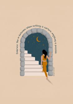 a woman is walking up some stairs to the moon and stars in the night sky