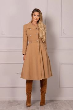 Wool Cashmere Dress Coat Flared Princess Overcoat - Etsy Belgium Fitted Beige Double-breasted Pea Coat, Fitted Beige Pea Coat With Buttons, Elegant Fitted Beige Pea Coat, Beige Double-breasted Wool Coat With Buttons, Elegant Knee-length Double-breasted Outerwear, Formal Knee-length Winter Outerwear, Elegant Knee-length Outerwear In Solid Color, Winter Knee-length Outerwear With Button Closure, Knee-length Outerwear With Button Closure For Winter