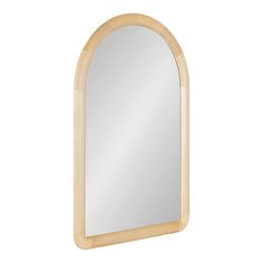 an oval mirror with a wooden frame in the shape of a half circle, on a white background