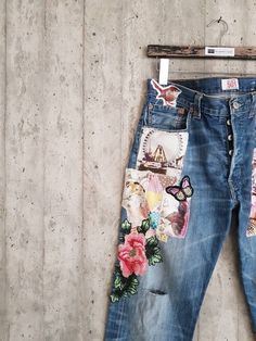 "Ready to send:Size-28,32,31,33,34 unique vintage jeans One of a kind.. Hand made embroidery and unique patches. ---Or---- Made to order, in any size, within 15 working days . If you need different size, please send me a message and I will make you a special and unique design within 15 working days. They are all different! No one will have the same one as you have! Hand painted, one of kind jeans. You pick your size, model (slim- boyfriend- high waist- low waist) and primer color and you will ge Upcycled Denim Blue Jeans For Spring, Spring Upcycled Denim Blue Jeans, Spring Reworked Denim Blue Jeans, Spring Reworked Jeans In Recycled Denim, Spring Reworked Recycled Denim Jeans, Spring Medium Wash Reworked Jeans, Spring Reworked Medium Wash Jeans, Vintage Jeans With Pockets For Spring, Spring Upcycled Straight Leg Jeans