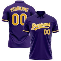 a purple and yellow baseball jersey with the number 00 on it, that reads your name