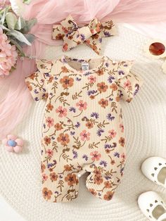 Baby Girl Floral Print Romper With Headband, Summer Apricot   Short Sleeve Cotton Floral,All Over Print Tee Slight Stretch  Baby Girls Clothing, size features are:Bust: ,Length: ,Sleeve Length: Headband Summer, Pattern Romper, Floral Print Rompers, Girls Summer Outfits, Fabric Floral