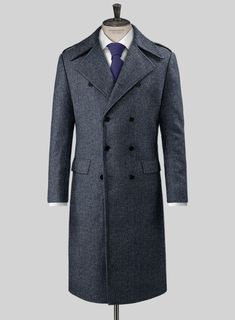 Hold the elegant flourish with our Highlander Heavy Blue Herringbone Tweed GQ Overcoat. Meanwhile, create a cornerstone in a luxurious wardrobe with pure wool fabric, which features a thick, sturdy, rough texture with a stunning herringbone weave over a blue tone. Further, possess a sartorial virtue with exquisite tailoring, which grants supreme comfort pairing a flattering fit that gives the finishing touches with a suave-looking glimpse, an ideal solution for formal or social engagements. Luxury Herringbone Sport Coat For Winter, Luxury Herringbone Pattern Sport Coat For Formal Occasions, Mens Designer Coats, Sportswear Details, Luxurious Wardrobe, Herringbone Coat, Classic Menswear, Designer Coats, Rough Texture