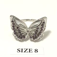 Butterfly Ring With Rhinestones, Size 8 Silver Plated, With Rhinestones Brand New Condition, Please See Pictures For Condition And Details, Thanks. The Quarter Is Shown For Scale And Is Not Included. Unisex Ring, Can Be Worn By Men And Women, Same Sizing On Ring Sizes. I Size All My Rings With A Mandrel So Sizes Are Accurate To Us Ring Sizes. Elegant Crystal Ring With Bling, Elegant Metal Crystal Ring With Bling, Rhinestone Crystal Ring As Gift, Crystal Ring With Rhinestones As Gift, Silver Crystal Rings With Rhinestones, Silver Butterfly Ring For Parties, White Gold Crystal Rings With Rhinestones, Elegant White Gold Crystal Ring With Rhinestones, Elegant Silver Jeweled Ring