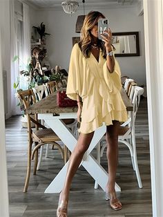 Solid V-neck Bubble Sleeve Ruffle Dress Chic V-neck Ruffled Dress For Vacation, Chic V-neck Ruffle Dress, Flowy V-neck Ruffle Dress, Flowy V-neck Dress With Ruffles For Summer, Chic V-neck Dresses With Ruffles, Elegant Flowy V-neck Ruffle Dress, Chic Flowy V-neck Ruffle Dress, Feminine V-neck Dress For Summer Night Out, Elegant V-neck Ruffle Dress For Fall