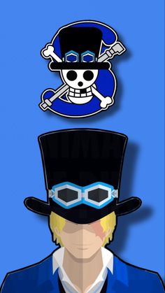 a man wearing a top hat and goggles with a skull on his head in front of a blue background