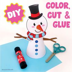 a snowman made out of construction paper with scissors and glue next to it that says diy color, cut & glue