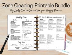 a coffee cup, pen and planner with the text zone cleaning printable bundle