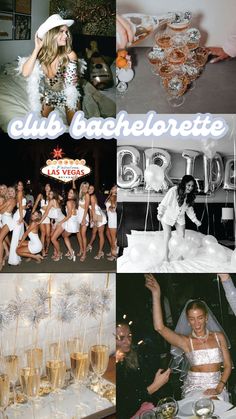 the collage shows different shots of women dressed in white dresses and hats, including champagne flutes