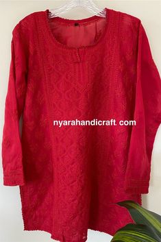 "Soft cotton Chikankari hand embroidered blouse. Matching liner Included. Length: 30 inches Color: Red \"Embroidery designs vary \"" Red Short Kurti, Red Kurti, Hand Embroidered Blouse, Short Blouse, Short Kurti, Peach Blouse, Navy Blue Blouse, Short Blouses, Pakistan Fashion