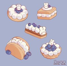 four different types of bread with blueberries on top and buns in the middle