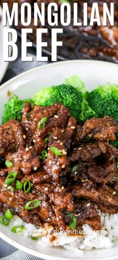 beef and broccoli on rice in a white bowl with the title text overlay