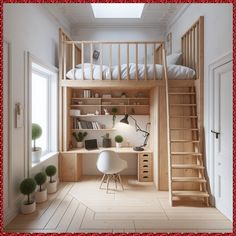 there is a loft bed with stairs to the top and desk below it in this room