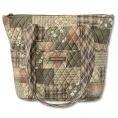 WOODLAND COUNTRY PATCHWORK: An authentic quilted patchwork made from six fabrics in plaids, stripes, solids, and florals. 100% cotton fabrics feature an earthy, rustic palette of taupe, tan, and burgundy. Handbags and wallets are lined with 100% cotton.SIZED JUST RIGHT: At 11" wide, 11” high, and 4" deep, the Stride is a large but lightweight quilted tote bag for women with plenty of room. The straps measure 26.5" long, with an 11" shoulder drop.10 DIFFERENT POCKETS: This multi compartment purse Brown Cotton Bags For Fall, Casual Brown Quilted Bag, Country Style Brown Bag For Everyday Use, Quilted Fabric Travel Bags, Rustic Palette, Budget Wallet, Cotton Purse, Quilted Patchwork, Fabric Handbags