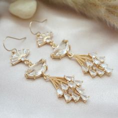 Long sparkly statement earrings Bridal Gold Earrings, Art Deco Wedding Jewelry, Snowdrop Flowers, Boho Bridal Earrings, Crystals Pink, Random Products, Threader Earrings Gold, Fan Jewelry, Gold Earrings Wedding