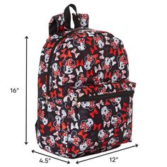 Are you a Minnie Mouse fan in middle school or highschool? This 16 inch all over print backpack featuring Minnie and her bows is perfect for you! It measures 16 x 12 x 4.5 inches when fully packed– the main compartment is very large and can fit all your folders, binders, notebooks, and more! Even your lunch bag! It also has a large front zipper pocket to keep all your school supplies and small accessories. The school bag’s straps are adjustable which allows you to grow with it, and they are padd Black Minnie Mouse Backpack For Back To School, Back To School Minnie Mouse Black Backpack, Minnie Mouse Multicolor Backpack For School, Multicolor Minnie Mouse Backpack For School, Minnie Mouse Backpack For Back To School, Black Mickey Mouse Backpack For Back To School, Minnie Mouse Backpack, Square Backpack, Luggage Backpack