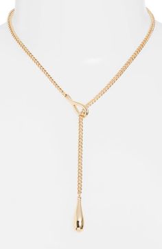 "Find NORDSTROM Droplet Curb Chain Lariat Necklace on Editorialist. A polished teardrop brings focal shine to an elegant lariat necklace composed of gleaming curb-chain links. 16\" length Goldtone plate Imported" Elegant Drop Clavicle Chain Necklace, Elegant Drop Shaped Clavicle Chain Necklace, Gold Teardrop Chain Necklace With Clavicle Chain, Formal Drop Necklace With Clavicle Chain, Formal Drop Clavicle Chain Necklace, Gold-tone Lariat Chain Necklace, Elegant Metal Teardrop Chain Necklace, Formal Teardrop Chain Necklace With Adjustable Chain, Elegant Teardrop Metal Chain Necklace