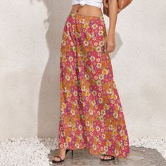 Wide Leg Pants, Retro Pants, Wide Leg Pants Women, 70s Style Pants,70s Inspired, Pink Wide Leg Pants, Floral Pants, Hippie Pants, Boho Pants Designed in California, Hand sewn overseas I designed this for those who loves the 70s boho hippie style. Super cute neon floral print. I am designing a matching top as well. Great for every day wear or at the beach or any fun parties. Pair it with platform chunky heels, for a super funky style. Hope you enjoy my designs. Material: Made of 100% polyester. S Retro Non-stretch Trousers, Retro Non-stretch High-waisted Pants, Retro Wide-leg Summer Pants, Retro Wide-leg Pants For Spring, Retro Spring Wide-leg Pants, Vintage High Waist Non-stretch Pants, Retro Multicolor Wide Leg Pants, Groovy Wide Leg Summer Bottoms, Retro Wide Leg Summer Pants