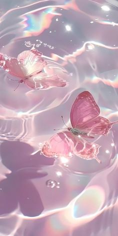 two pink butterflies floating in water with bubbles on the bottom and light reflecting off them